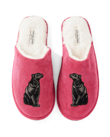 Unisex Hot Pink Embroidered Jaguar Corduroy Dome Slippers